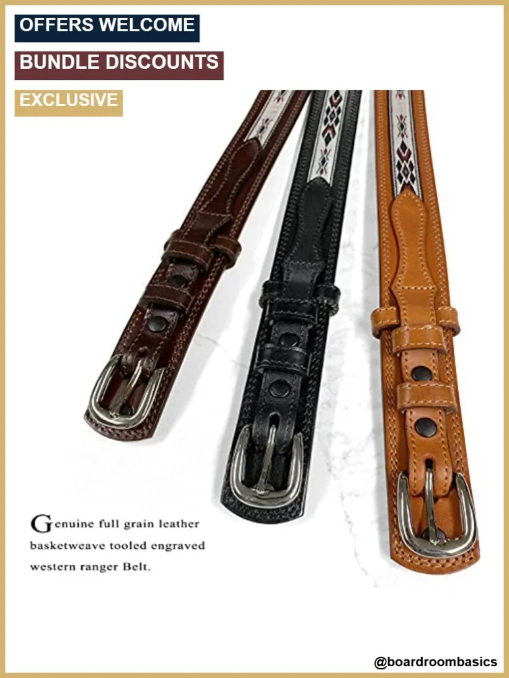 Genuine Full Grain Leather Western Ranger Belt with Tooled Floral Basketweave